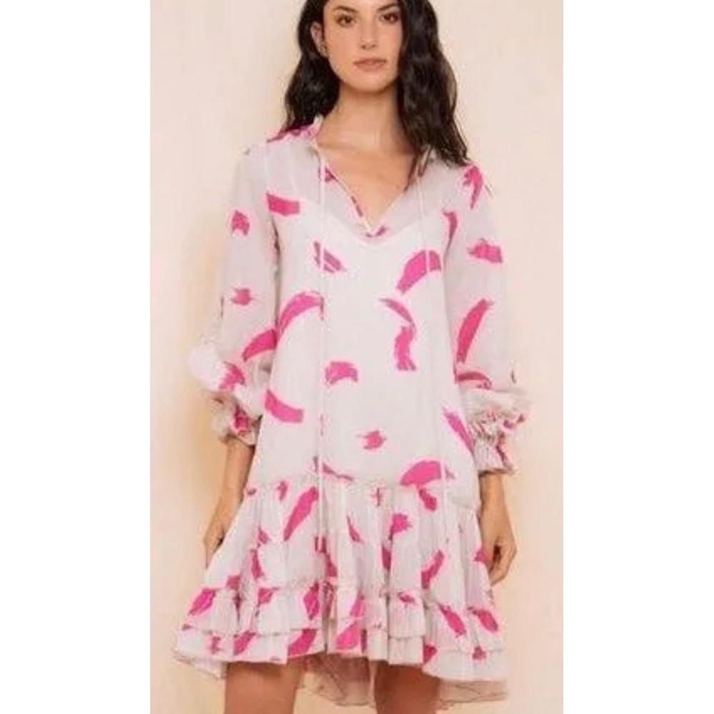 KLEID For Her‎ Ilona Mini Dress Pink Tan Abstract Print Tiered Ruffle Small